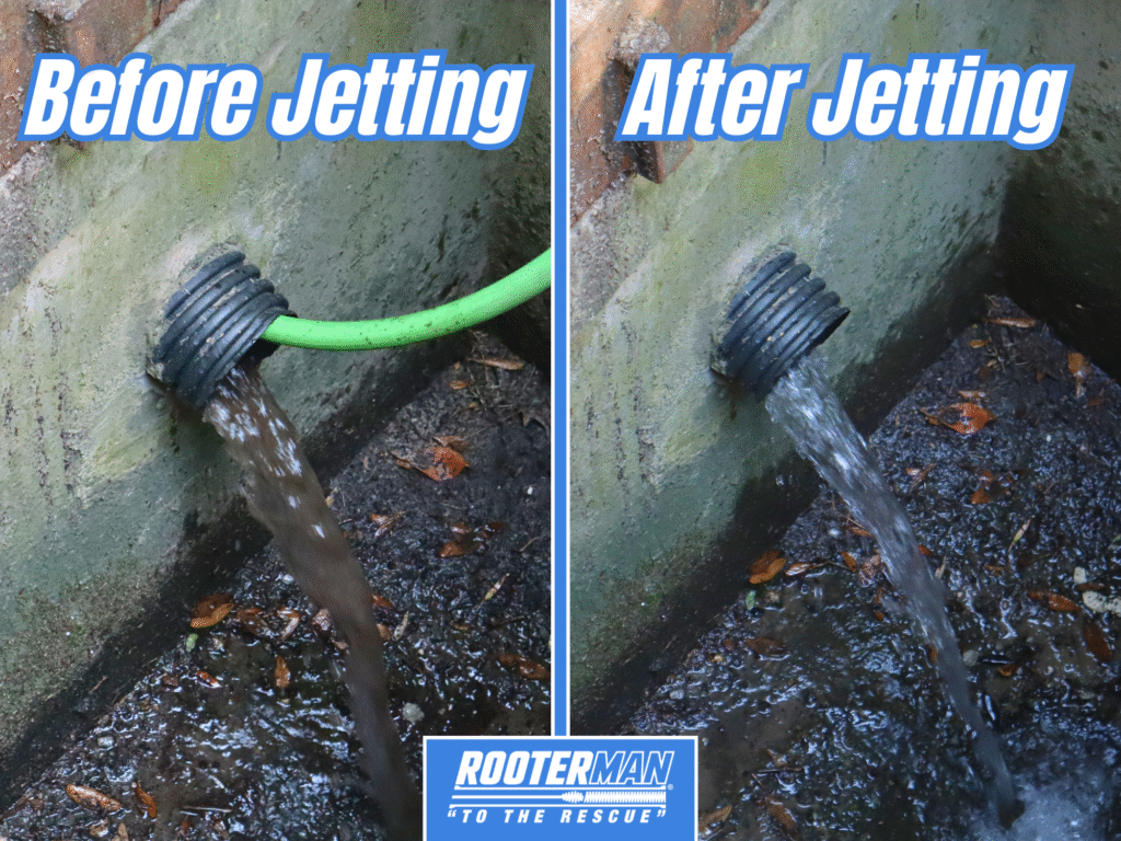 Before and after hydro jetting graphic showing a clogged drain cleared by Rooter Man in Mount Pleasant SC