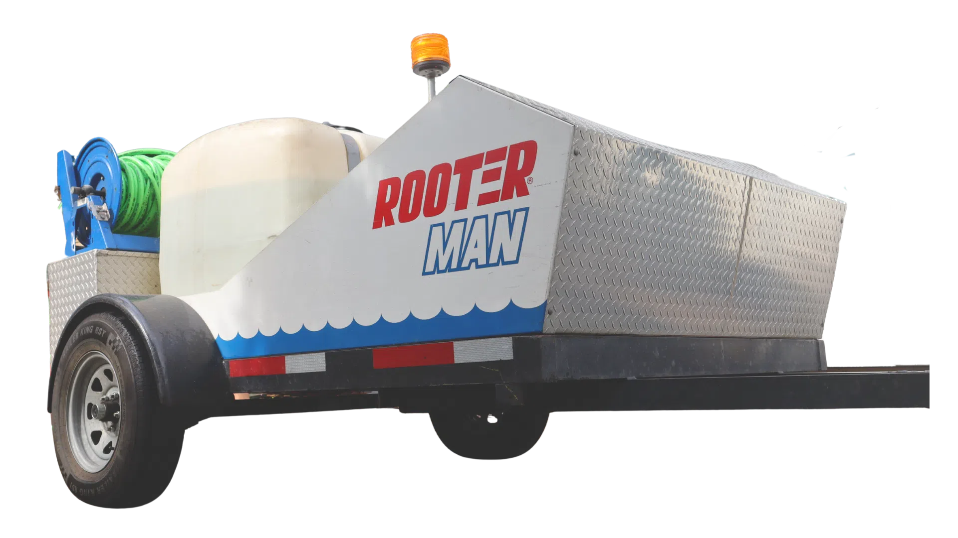 Hydro jetting trailer used by Rooter Man Plumbing, featuring a water tank, hose reel, and metal diamond-plate housing.