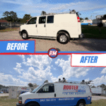Alt text: Before-and-after comparison of a Rooter-Man Plumbing service van, showing the transformation from a plain white work van to a professionally wrapped Rooter-Man vehicle with blue and red branding, company logo, website, and phone number.