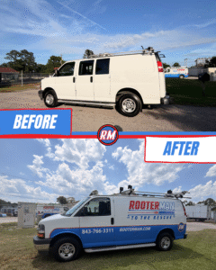 Alt text: Before-and-after comparison of a Rooter-Man Plumbing service van, showing the transformation from a plain white work van to a professionally wrapped Rooter-Man vehicle with blue and red branding, company logo, website, and phone number.
