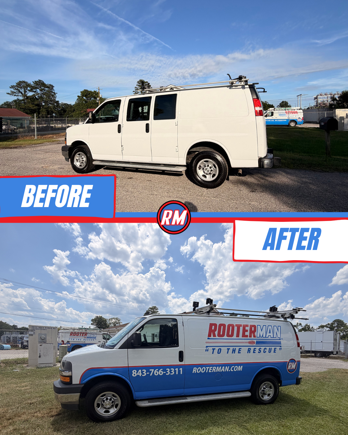 Alt text: Before-and-after comparison of a Rooter-Man Plumbing service van, showing the transformation from a plain white work van to a professionally wrapped Rooter-Man vehicle with blue and red branding, company logo, website, and phone number.