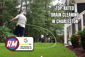 Rooter Man Plumbing technician performing drain cleaning in Charleston with a 5.0-star Google rating graphic and “Top-Rated Drain Cleaning in Charleston” text.