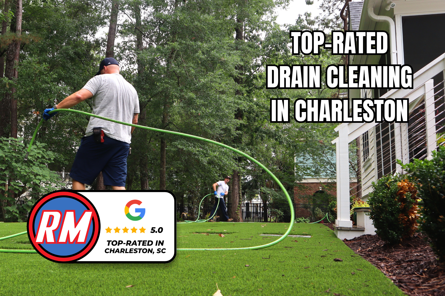 Rooter Man Plumbing technician performing drain cleaning in Charleston with a 5.0-star Google rating graphic and “Top-Rated Drain Cleaning in Charleston” text.