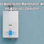 Tankless water heater mounted on a blue wall with digital temperature controls, illustrating a maintenance article about inconsistent hot water temperatures.