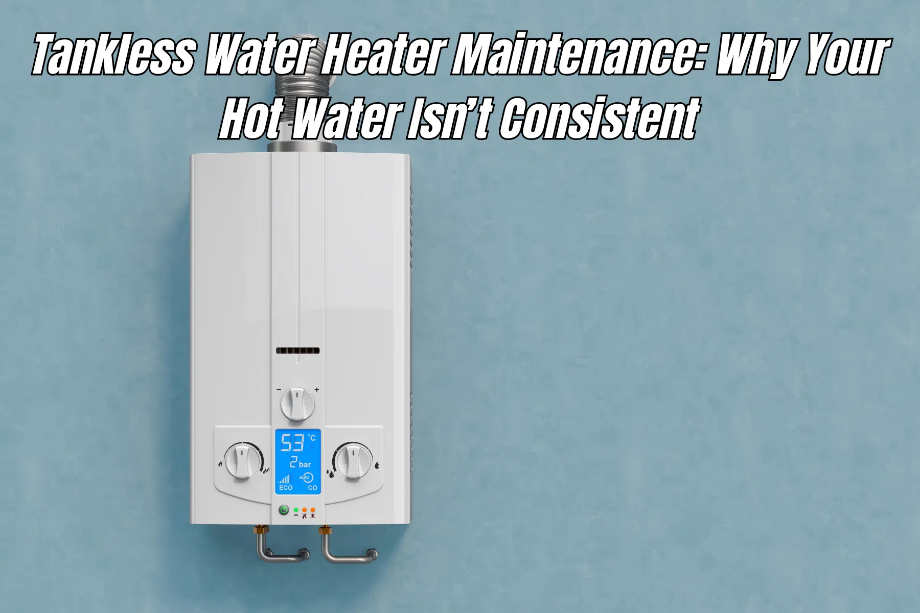 Tankless water heater mounted on a blue wall with digital temperature controls, illustrating a maintenance article about inconsistent hot water temperatures.